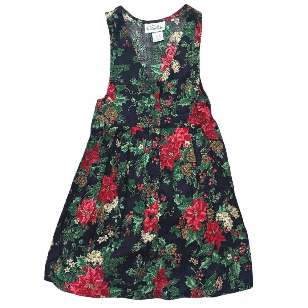 Girls Vtg 1980s Via Sant Andrea Girls Botanical Holiday Motif Pinafore Dress